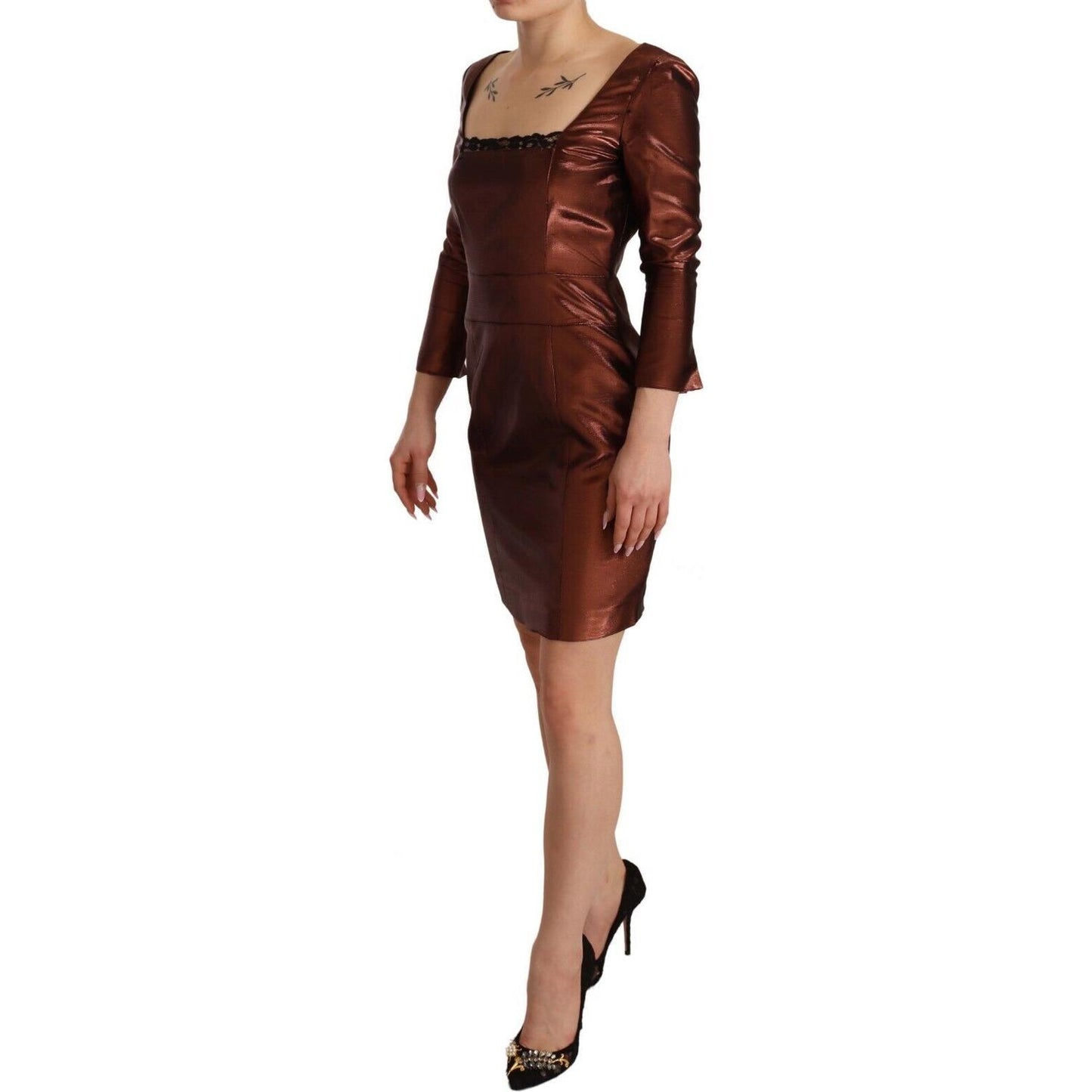 GF Ferre Metallic Brown Long Sleeves Square Neck Sheath Dress DR28542 - 40