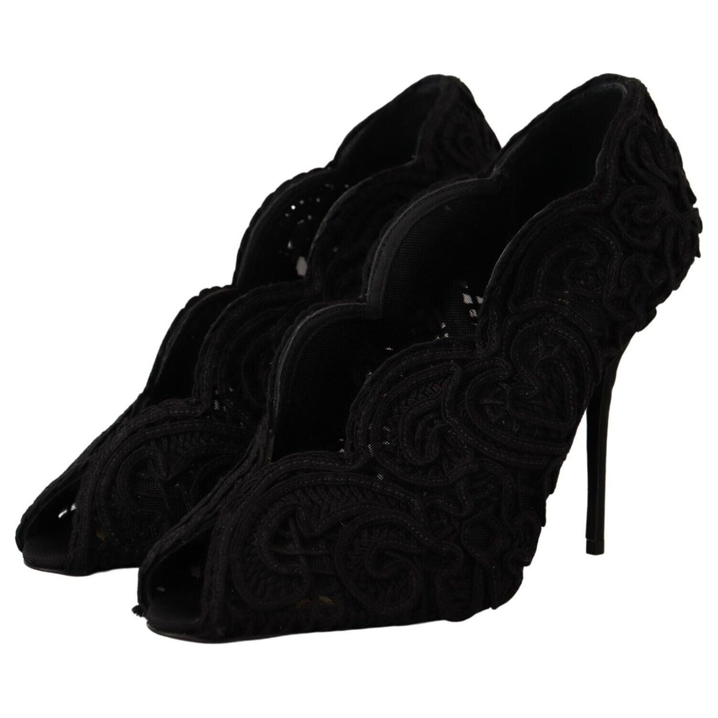 Dolce & Gabbana Black Cordonetto Ricamo Pump Open Toe Shoes LA9588 - 40