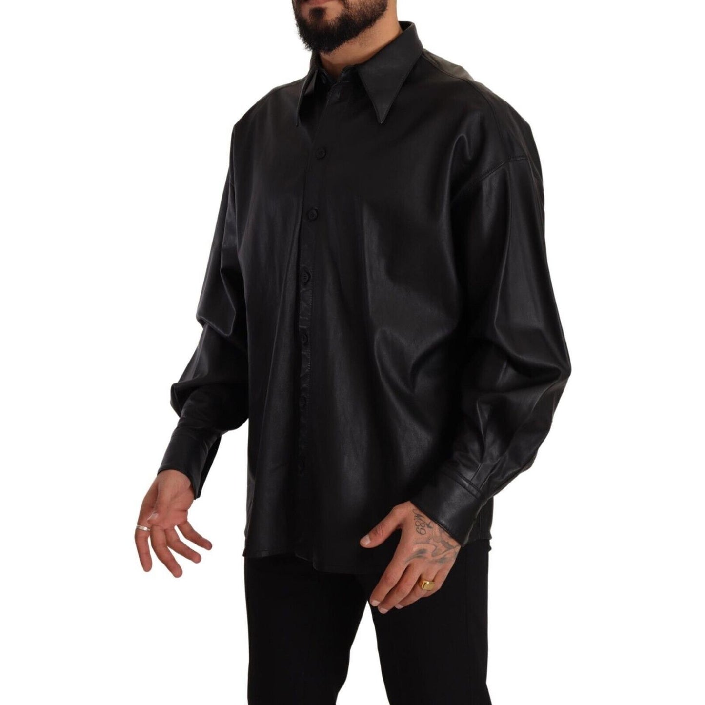 Dolce & Gabbana Black Leather Button Down Men Collared Jacket JKT3244 - 52