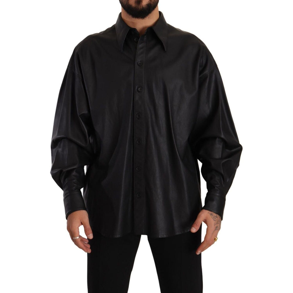 Dolce & Gabbana Black Leather Button Down Men Collared Jacket JKT3244 - 52