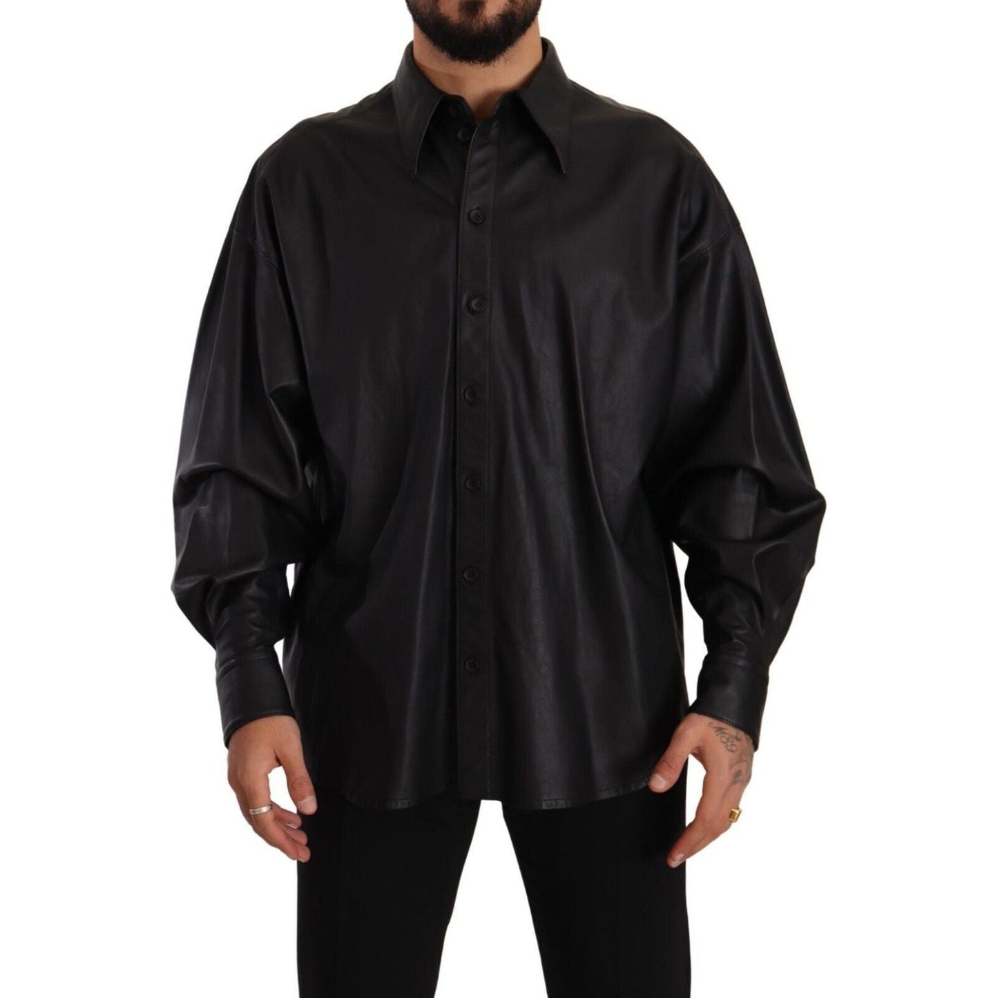 Dolce & Gabbana Black Leather Button Down Men Collared Jacket JKT3244 - 52