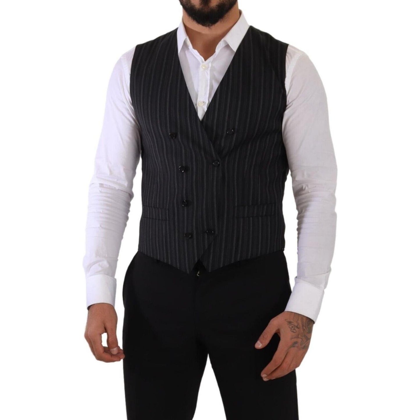 Dolce & Gabbana Gray Striped Double Breasted Waistcoat Vest TSH7592 - 48