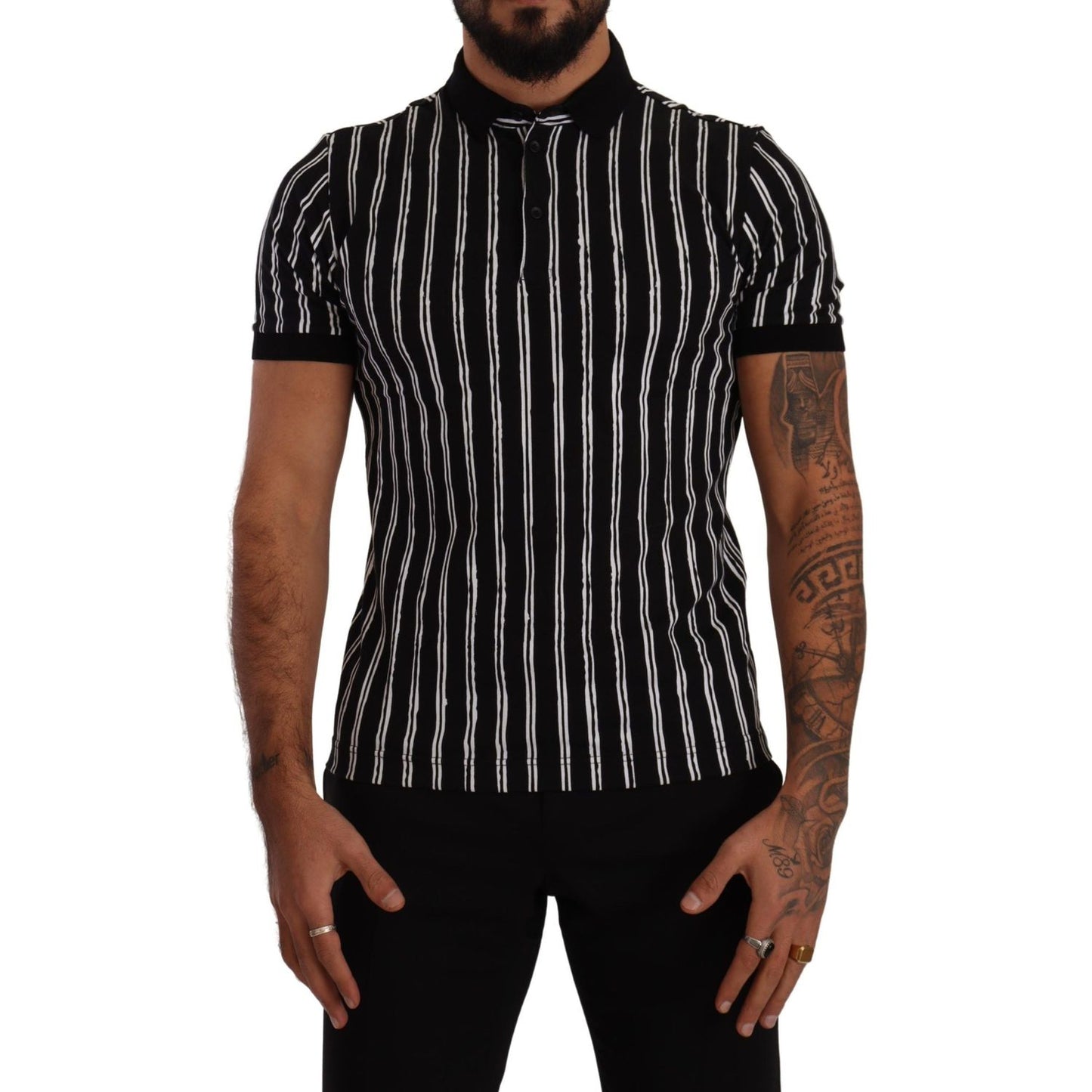 Dolce & Gabbana Black White Striped Polo Short Sleeve T-shirt TSH7491- 44