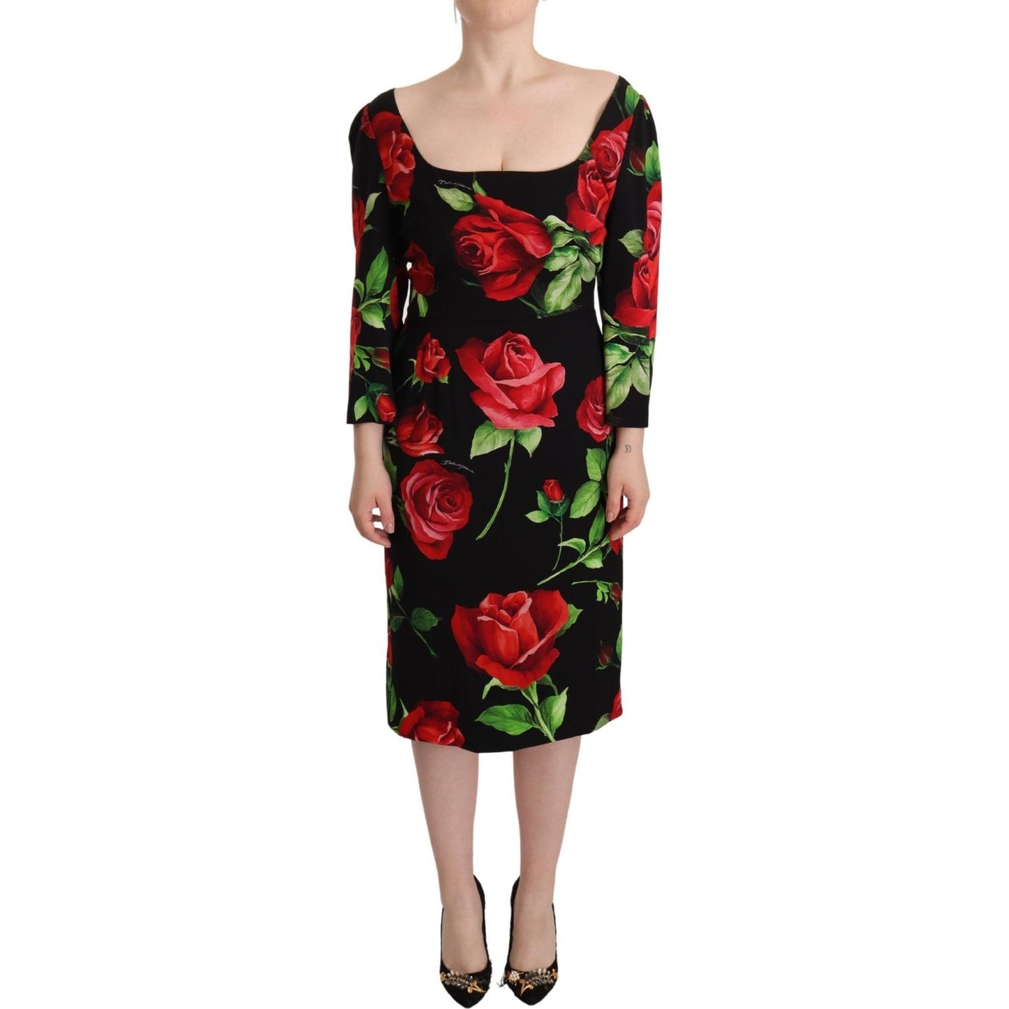 Dolce & Gabbana Black Red Roses Sheath Stretch Silk Dress DR28666- 36