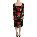 Dolce & Gabbana Black Red Roses Sheath Stretch Silk Dress DR28666- 36