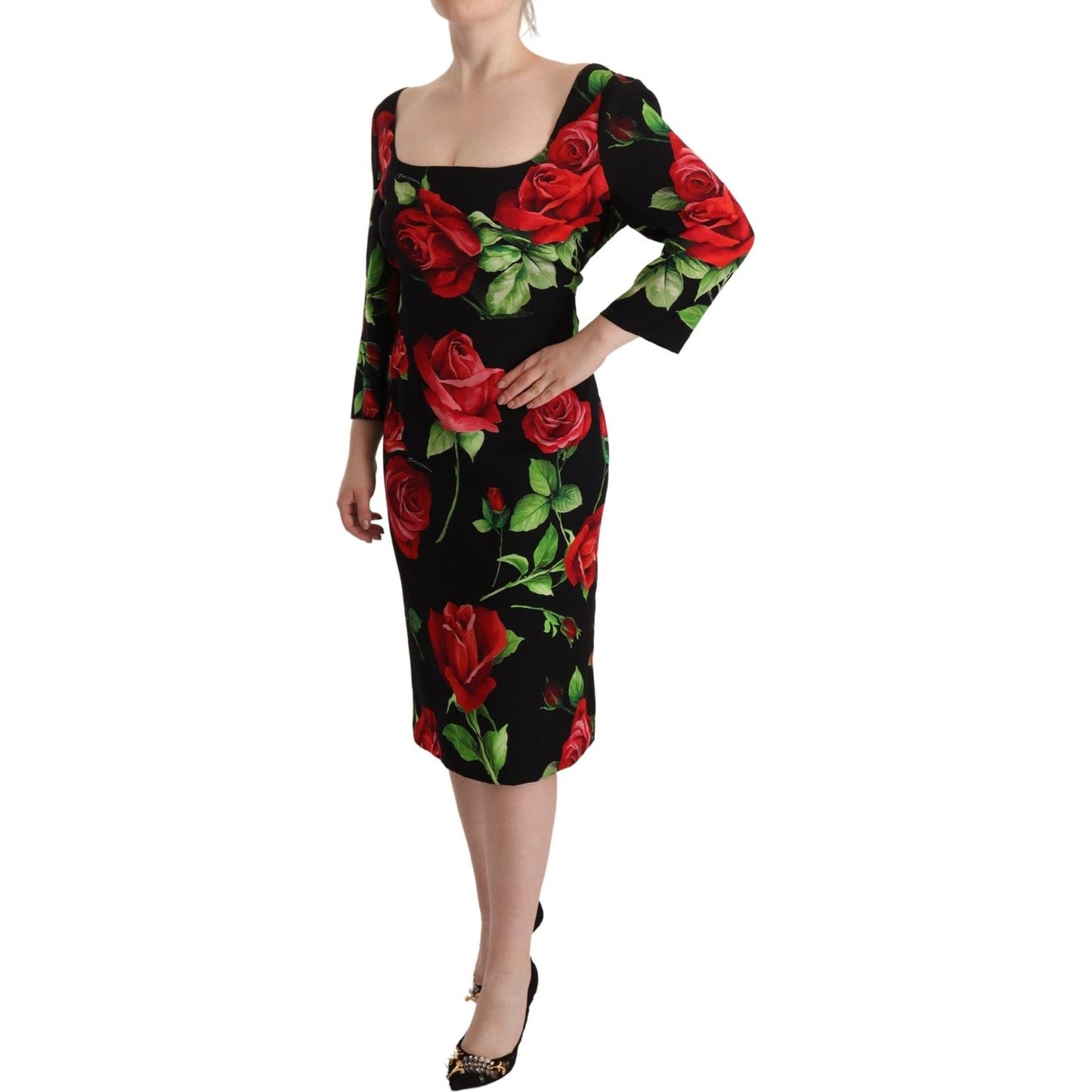 Dolce & Gabbana Black Red Roses Sheath Stretch Silk Dress DR28666- 36