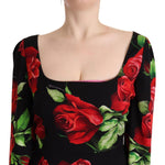 Dolce & Gabbana Black Red Roses Sheath Stretch Silk Dress DR28666- 36