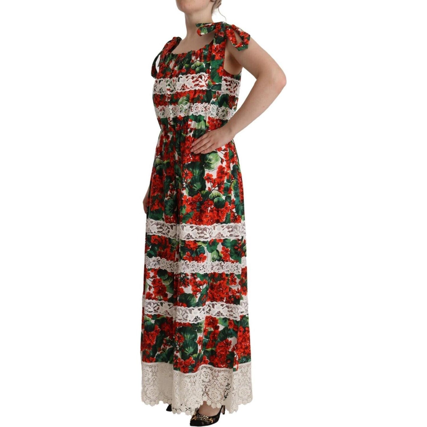 Dolce & Gabbana Multicolor Geranium Print Lace Long Maxi Dress DR28633 - 44