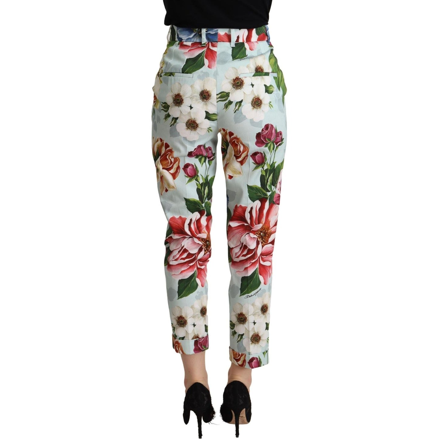 Dolce & Gabbana Light Blue Fiori Print Cotton Trouser Tapered Pants PAN72802- 36