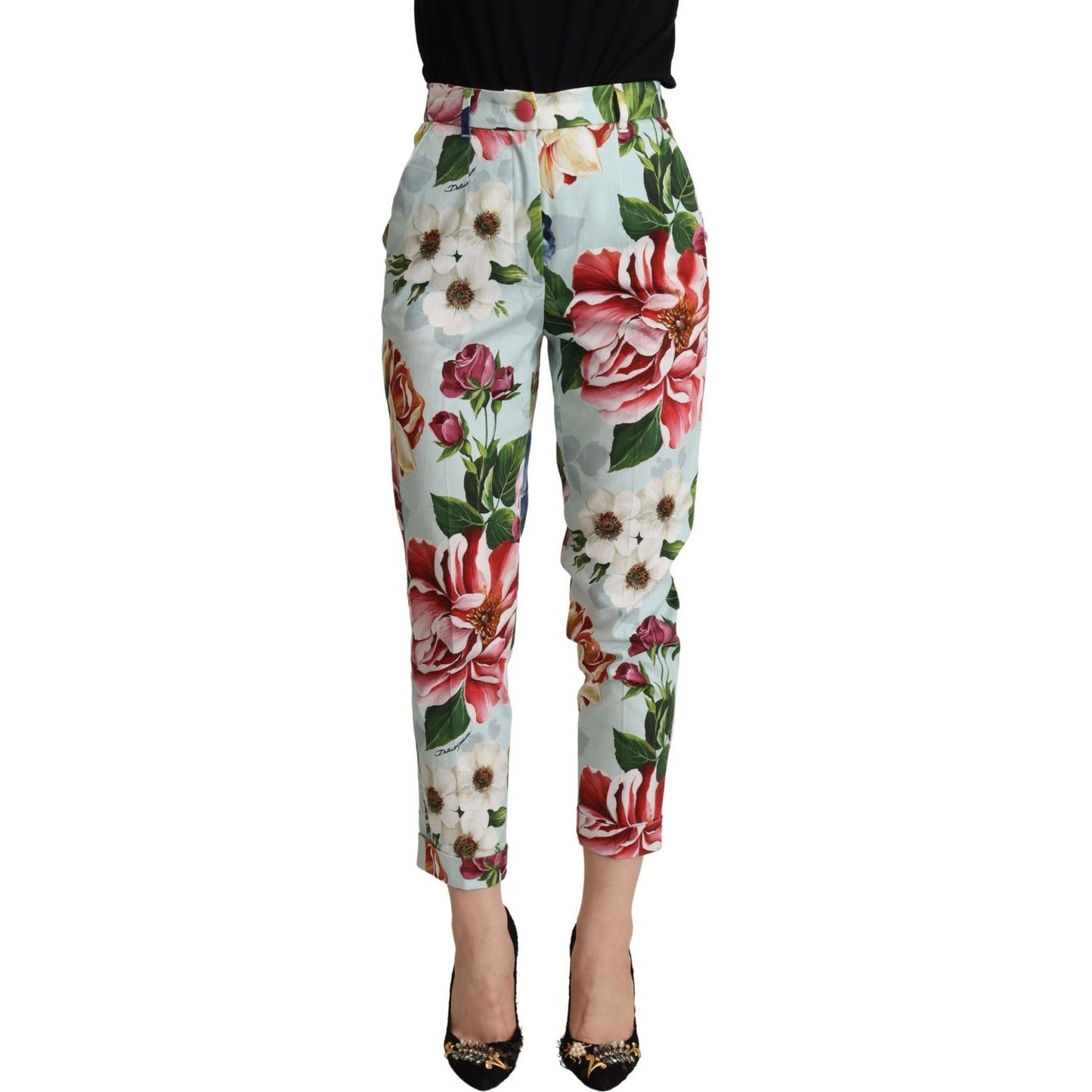 Dolce & Gabbana Light Blue Fiori Print Cotton Trouser Tapered Pants PAN72802- 36