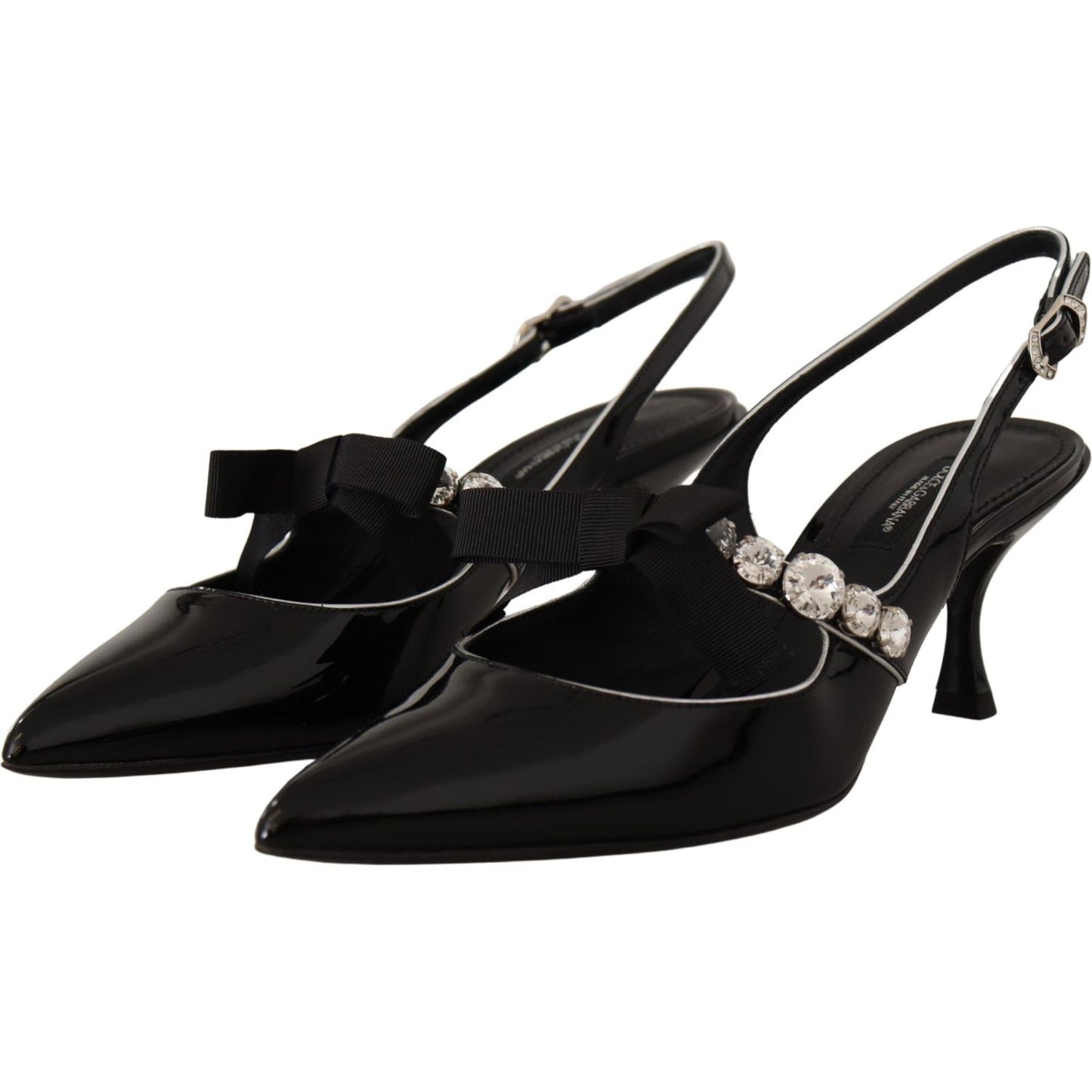 Dolce & Gabbana Black Patent Leather Crystal Slingbacks Shoes LA9786- 37