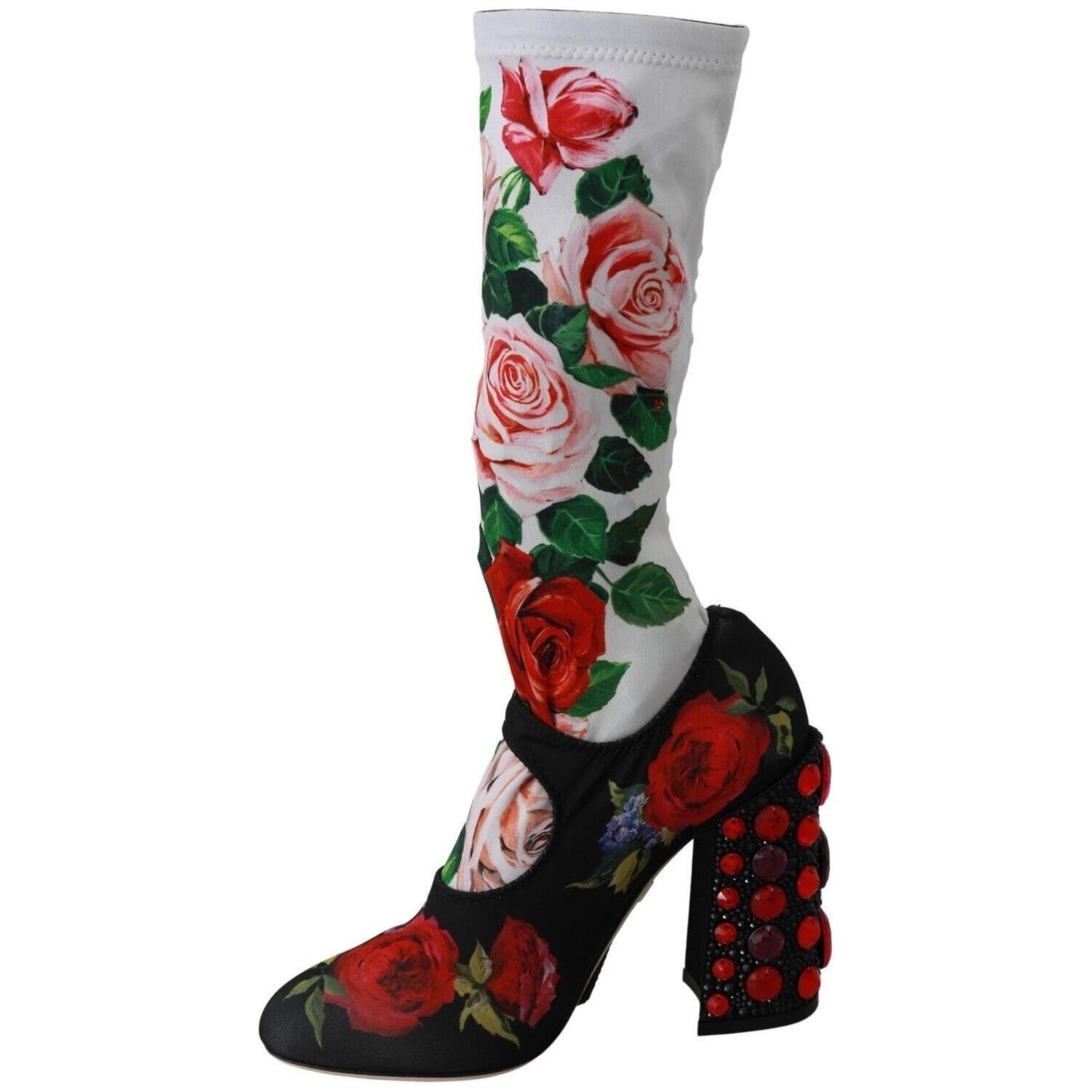 Dolce & Gabbana Black Floral Socks Crystal Jersey Boots Shoes LA6473 - 38