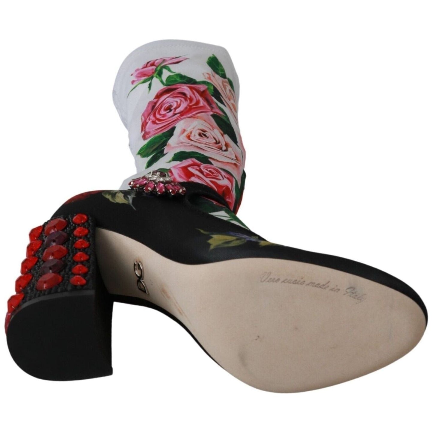 Dolce & Gabbana Black Floral Socks Crystal Jersey Boots Shoes LA6473 - 38