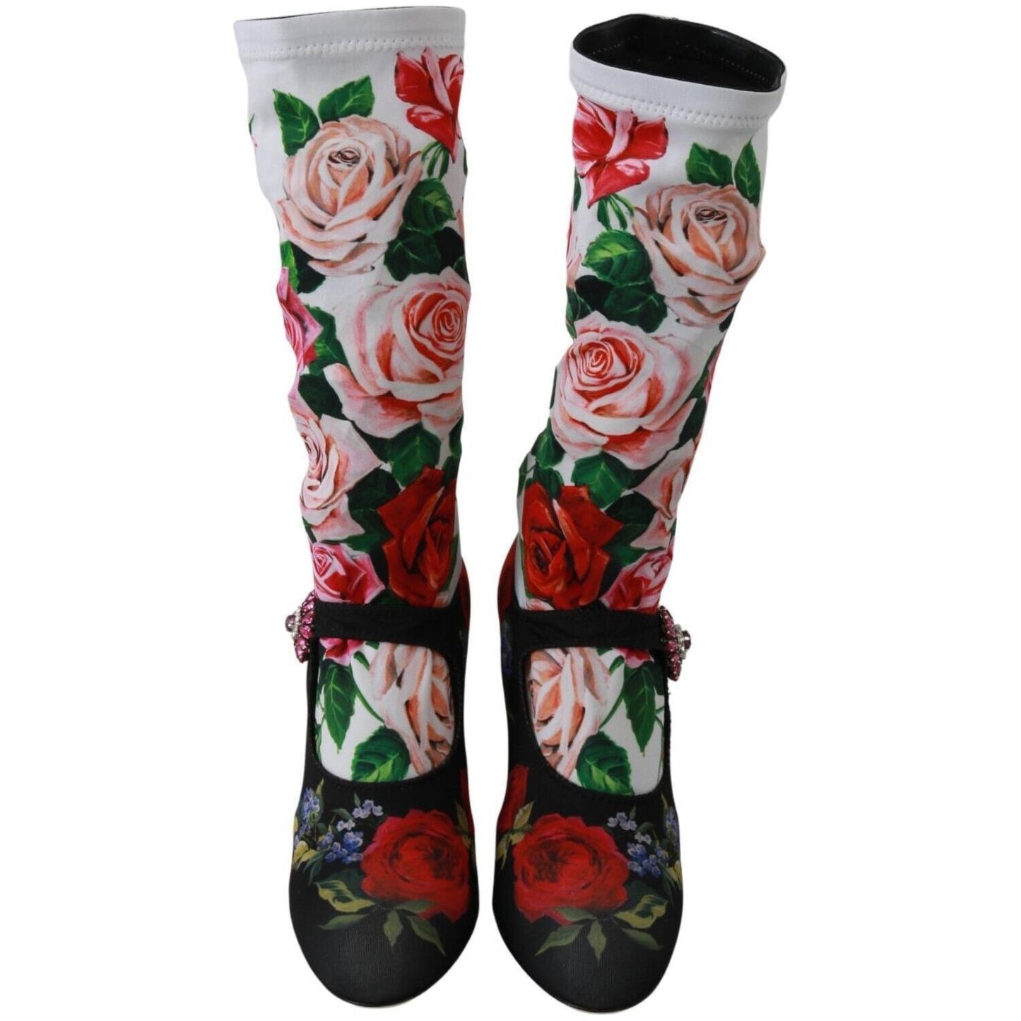 Dolce & Gabbana Black Floral Socks Crystal Jersey Boots Shoes LA6473 - 38