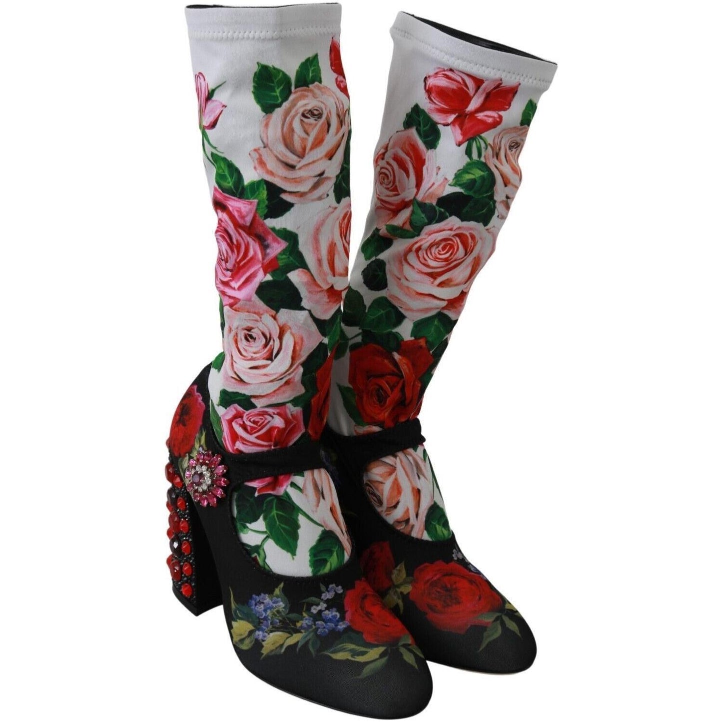 Dolce & Gabbana Black Floral Socks Crystal Jersey Boots Shoes LA6473 - 38