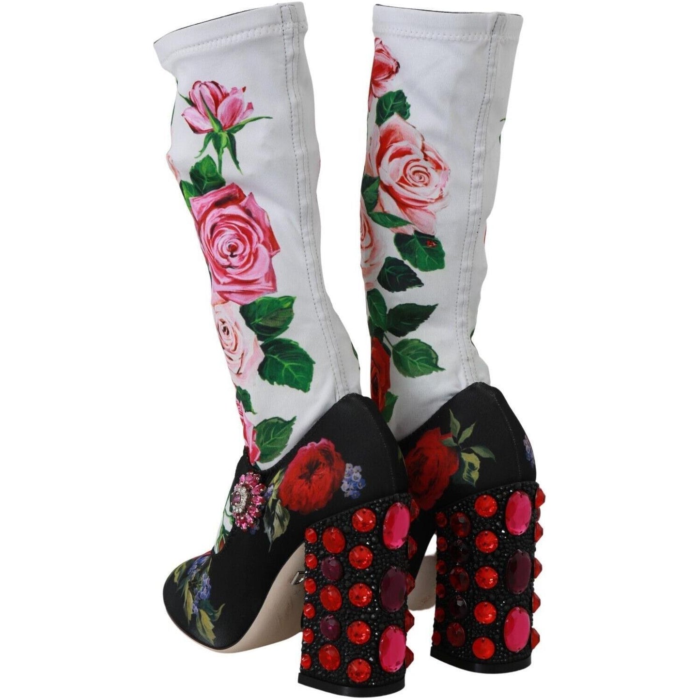 Dolce & Gabbana Black Floral Socks Crystal Jersey Boots Shoes LA6473 - 38