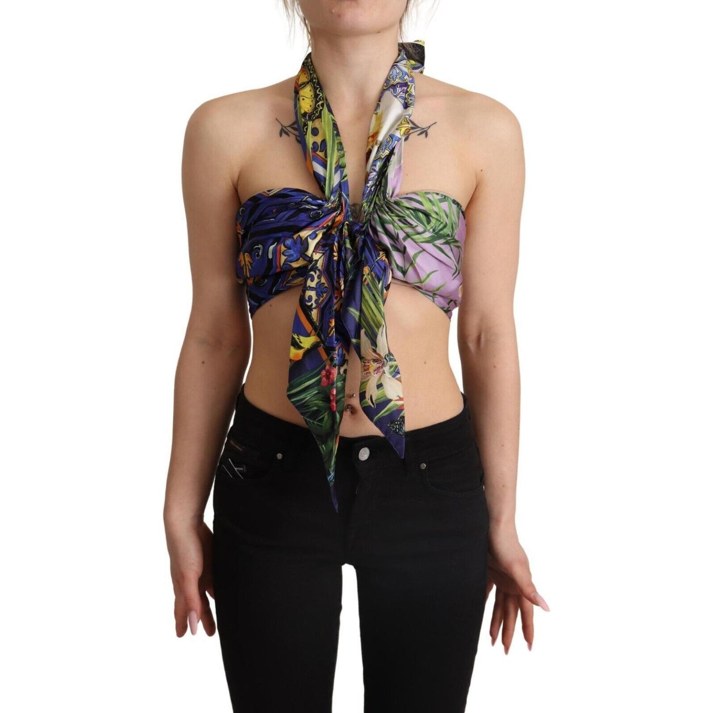 Dolce & Gabbana Multicolor Foulard Silk Halter Cropped Top TSH7640 - 40