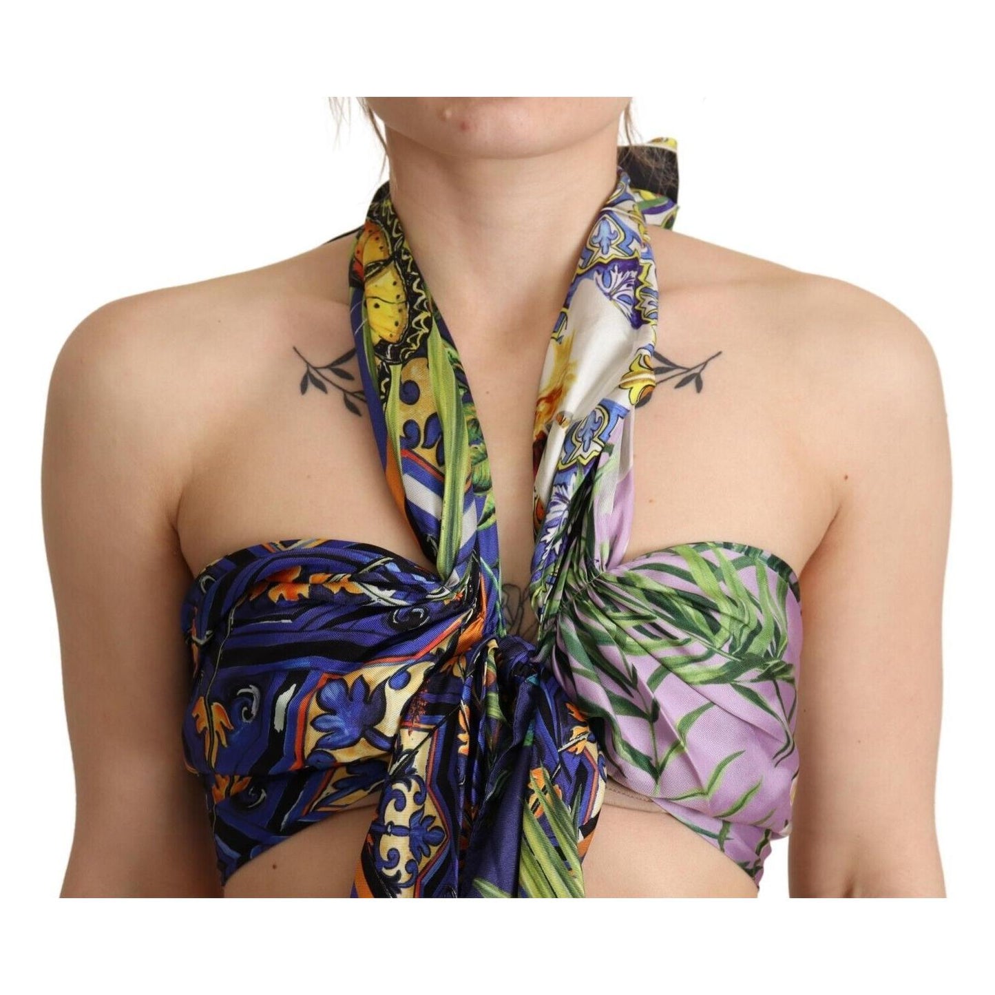 Dolce & Gabbana Multicolor Foulard Silk Halter Cropped Top TSH7640 - 40