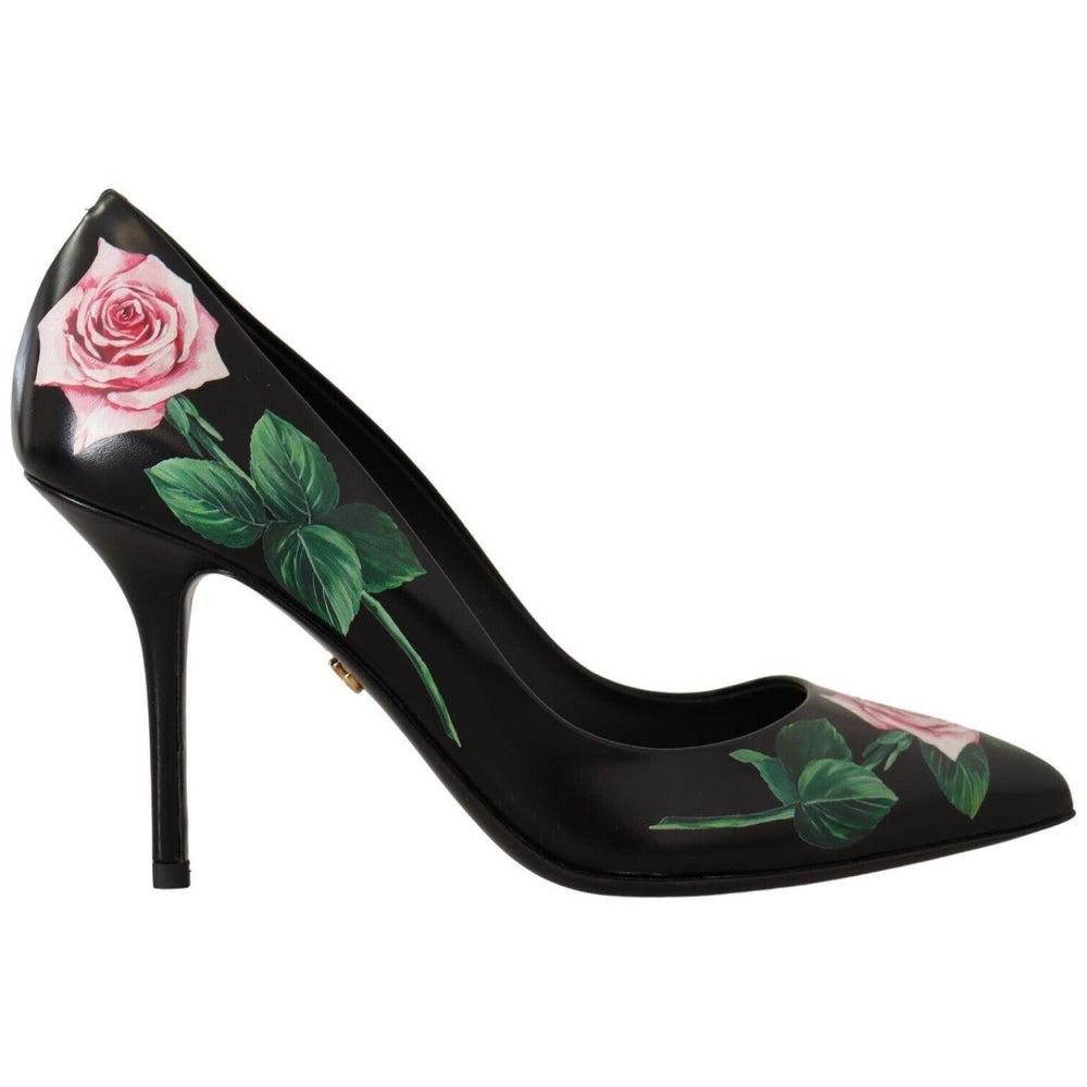 Dolce & Gabbana Black Leather Roses High Heels Pumps Shoes LA9966-35