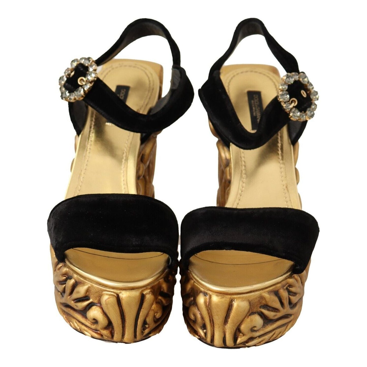Dolce & Gabbana Black Gold Baroque Velvet Heels Crystal Shoes LA9848- 38