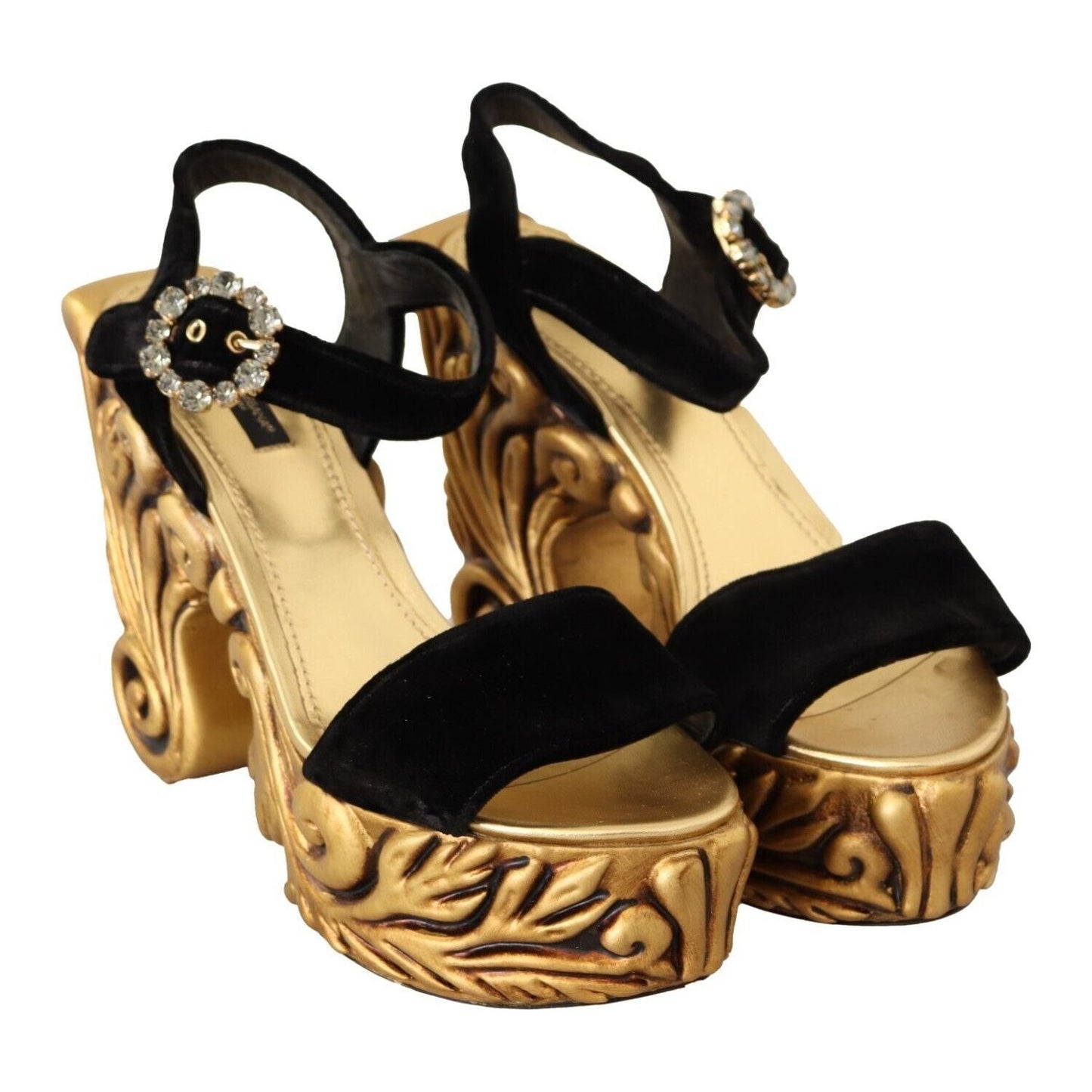 Dolce & Gabbana Black Gold Baroque Velvet Heels Crystal Shoes LA9848- 38
