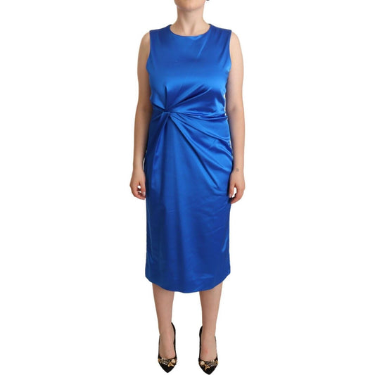 P.A.R.O.S.H. Blue Acetate Sleeveless Pleated Midi Sheath Dress