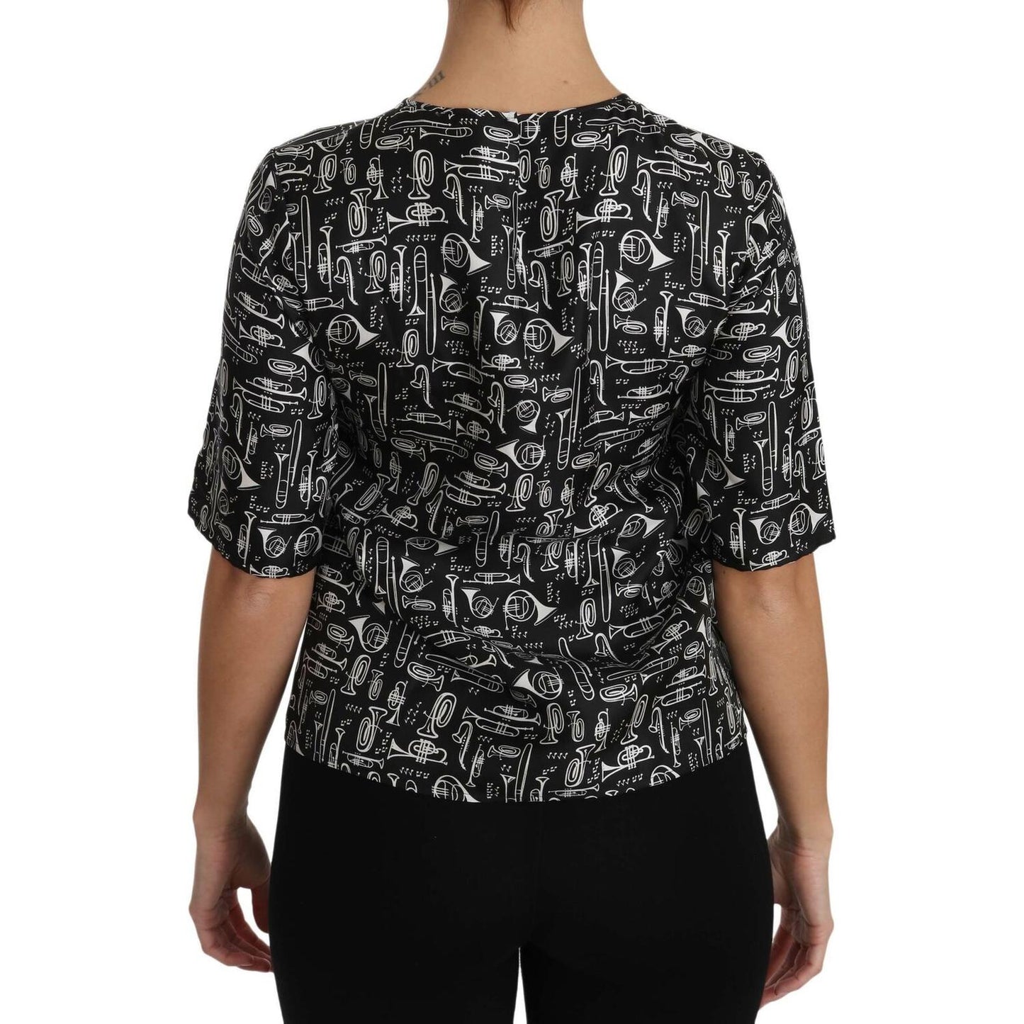 Dolce & Gabbana Black Musical Instruments Print Silk Blouse TSH2894- 36