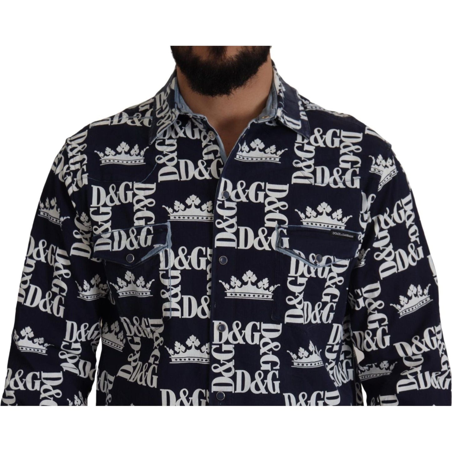Dolce & Gabbana Blue Denim Stretch DG Crown Logo Casual Shirt