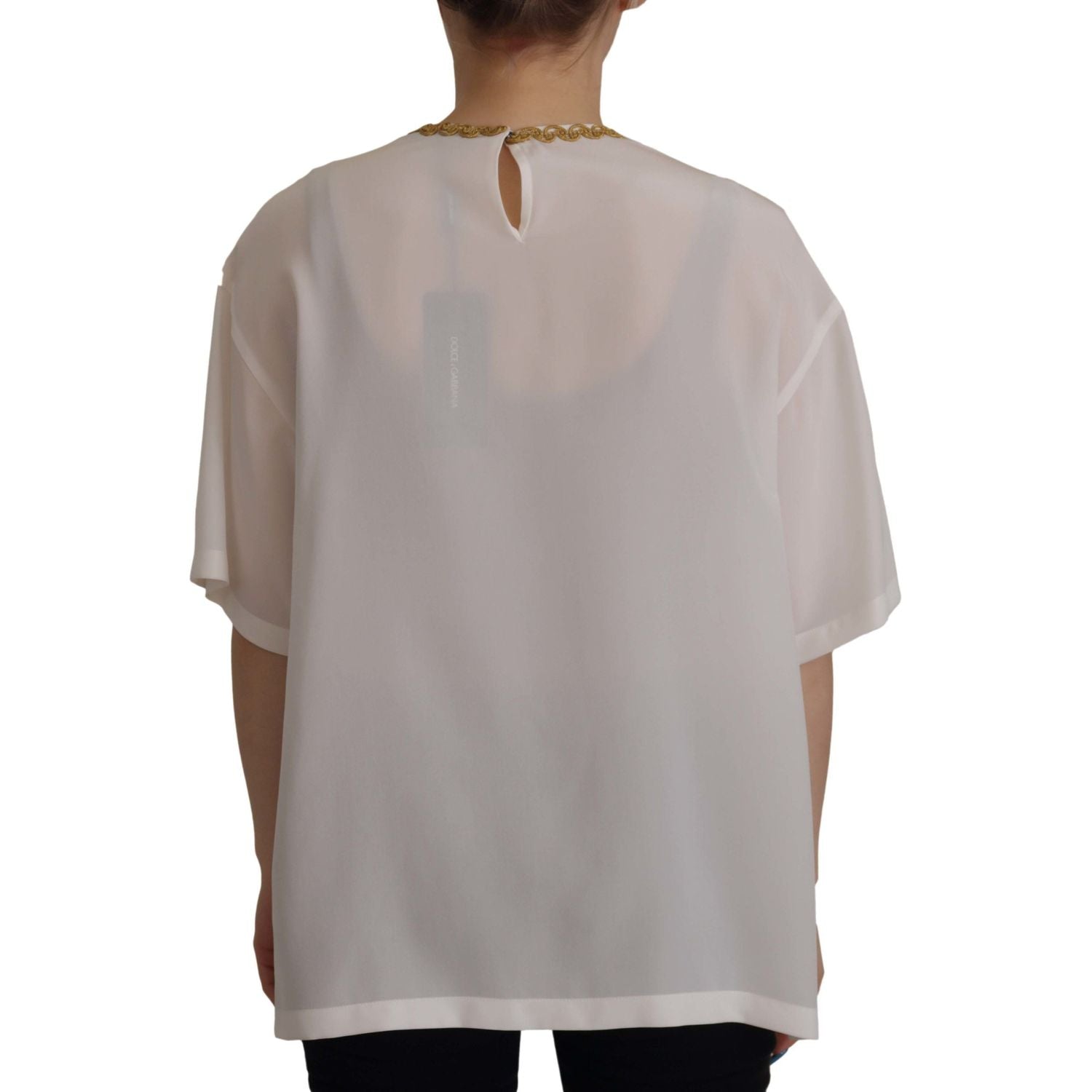 Dolce & Gabbana White Silk Gold DG Crown Crystal Blouse Top