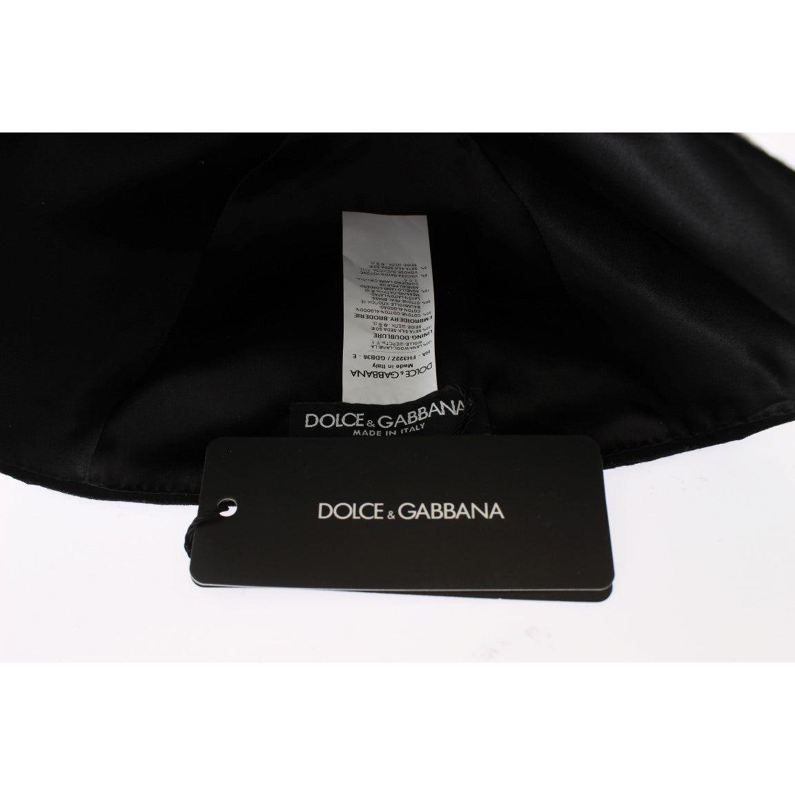 Dolce & Gabbana Black Wool White Floral Gold Leaf Hat MS838