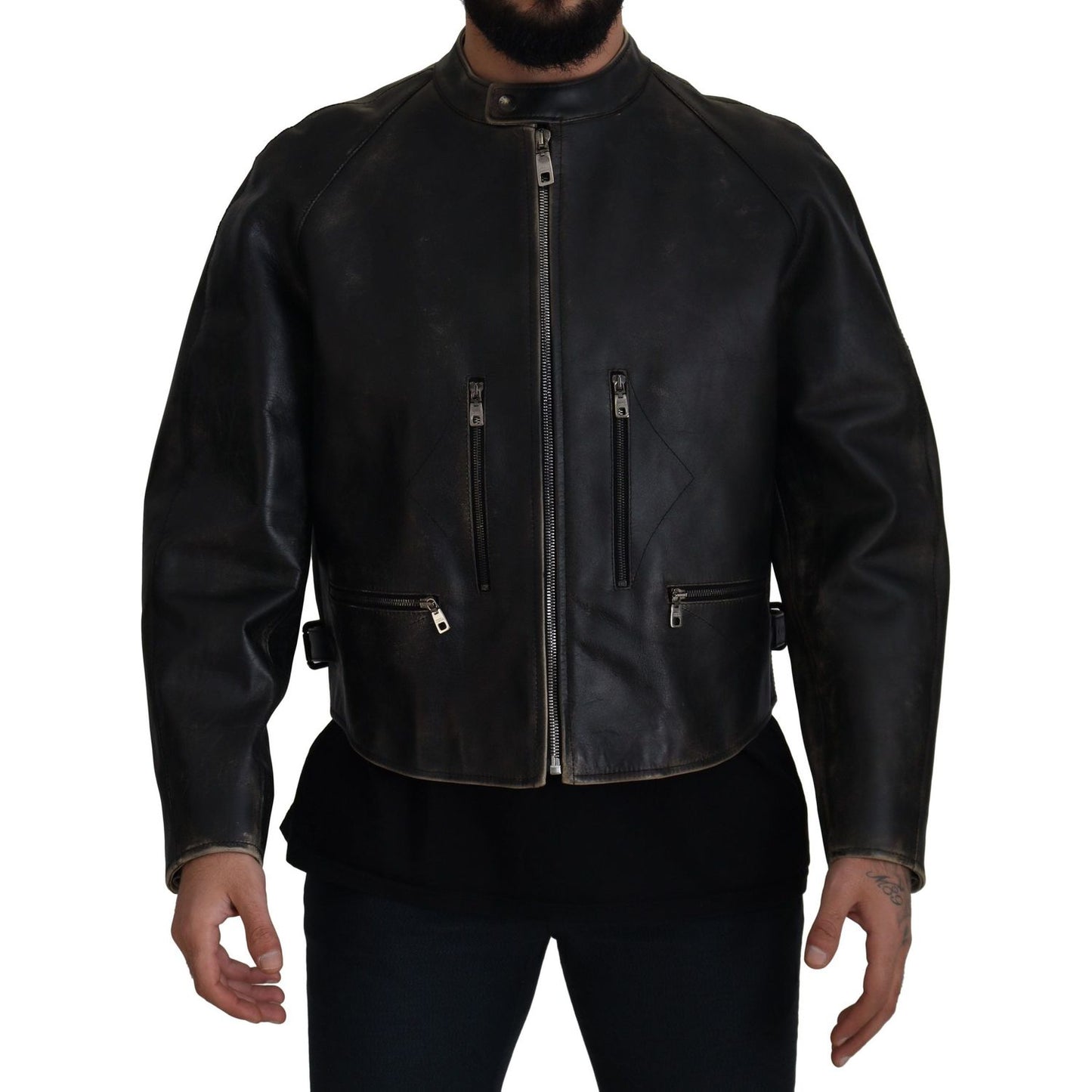 Dolce & Gabbana Black Leather Zipper Biker Coat Jacket JKT3331- 54