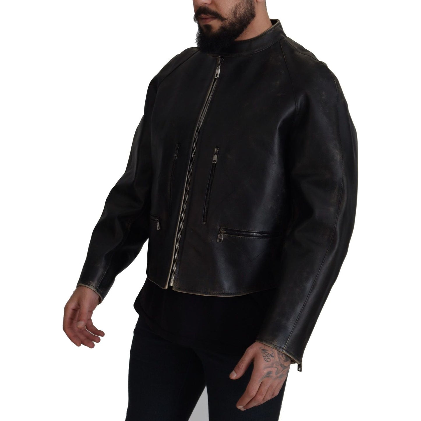 Dolce & Gabbana Black Leather Zipper Biker Coat Jacket JKT3331- 54