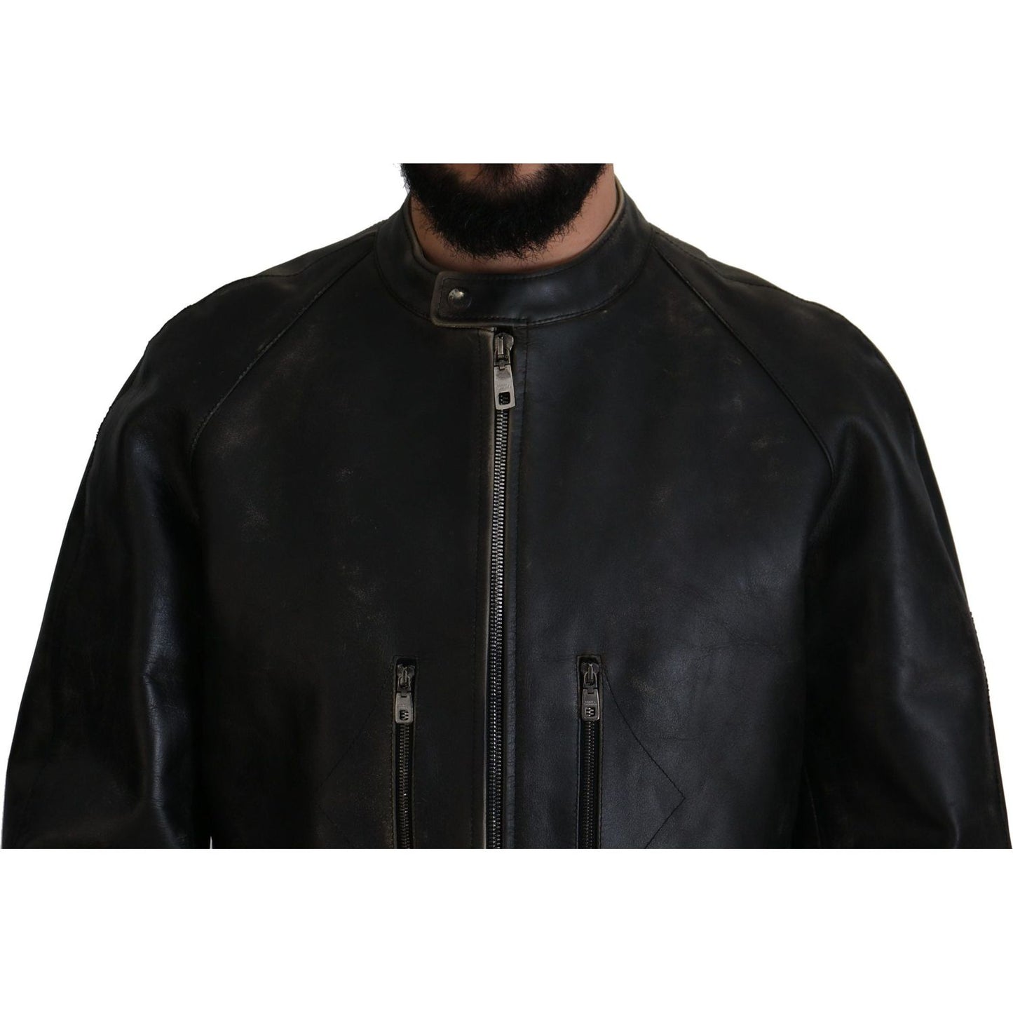 Dolce & Gabbana Black Leather Zipper Biker Coat Jacket JKT3331- 54