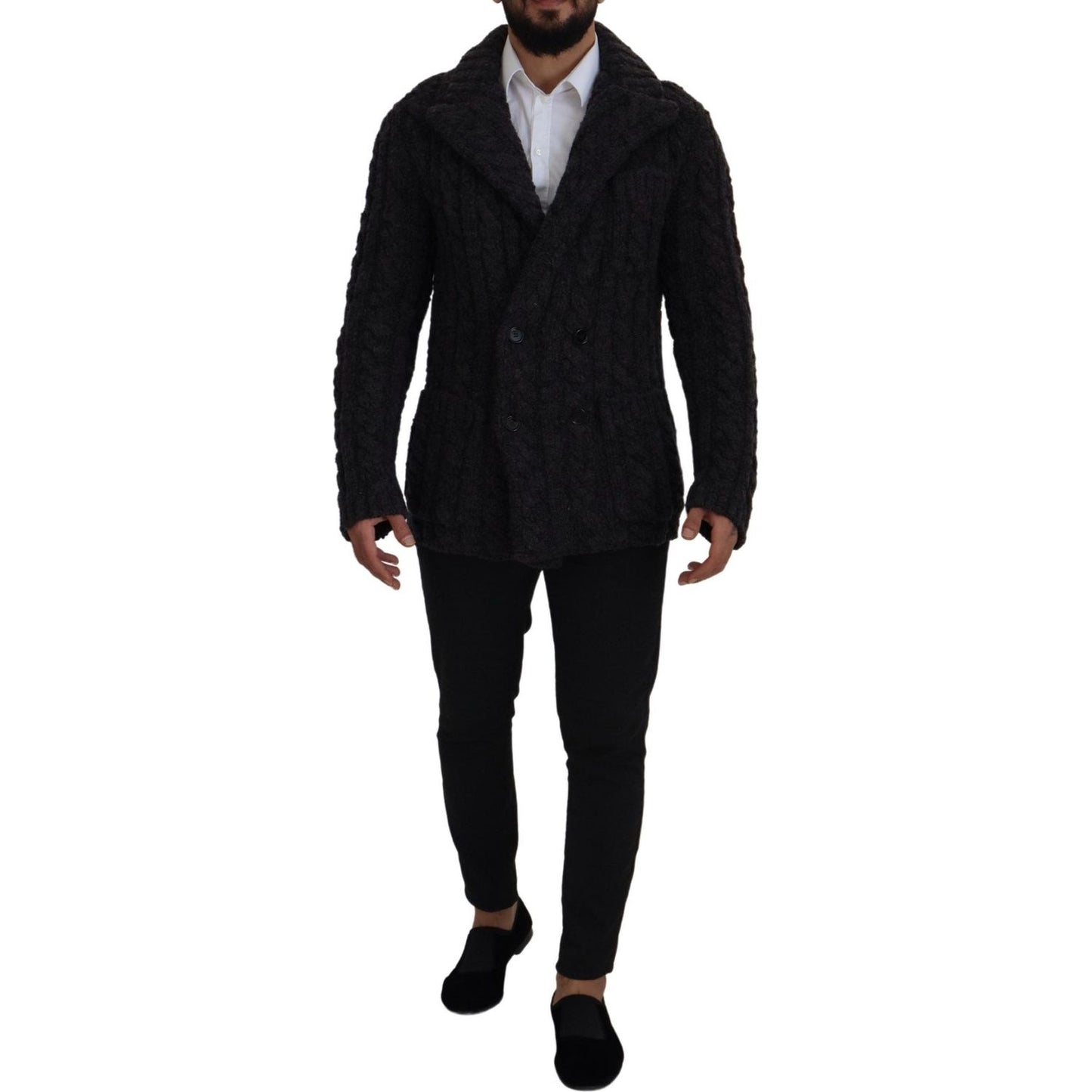 Dolce & Gabbana Black Wool Knit Double Breasted Coat Jacket JKT3413-46