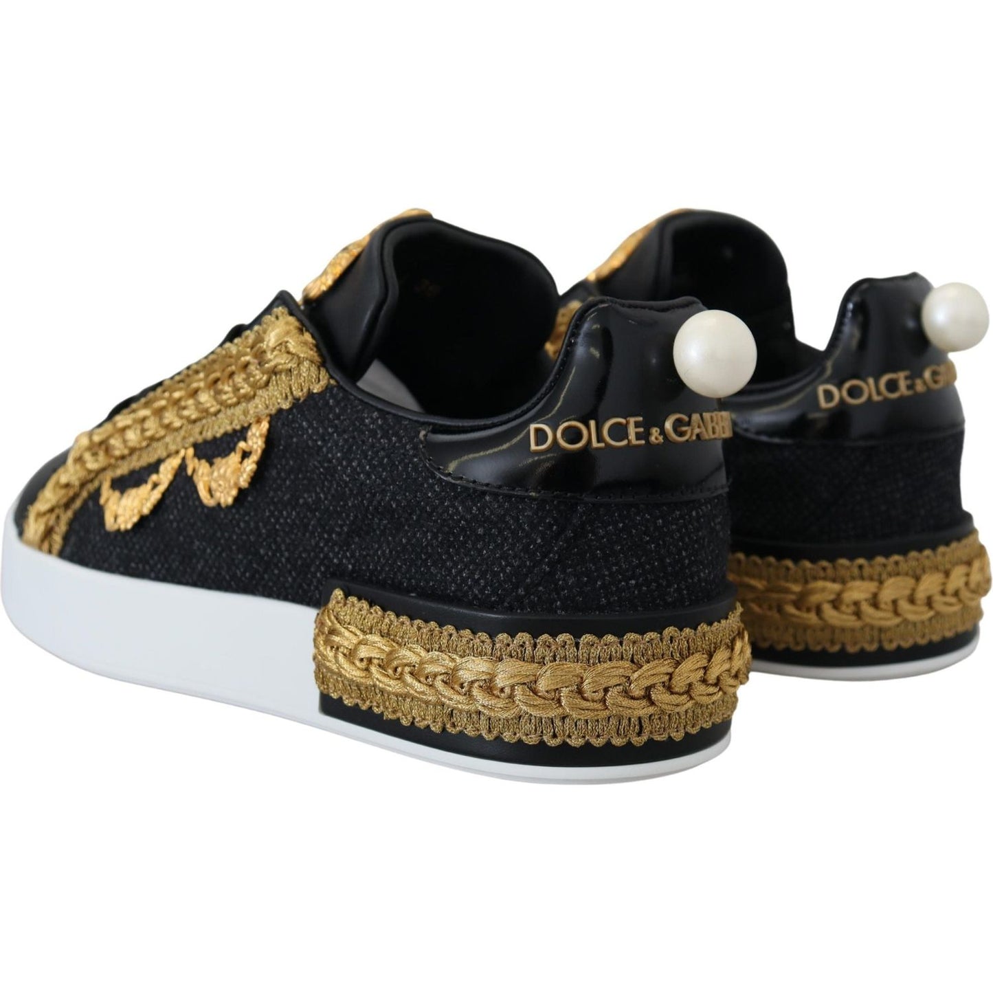 Dolce & Gabbana Black Gold Baroque Portofino Leather Sneakers Shoes LA10087- 36.5