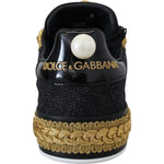 Dolce & Gabbana Black Gold Baroque Portofino Leather Sneakers Shoes LA10087- 36.5