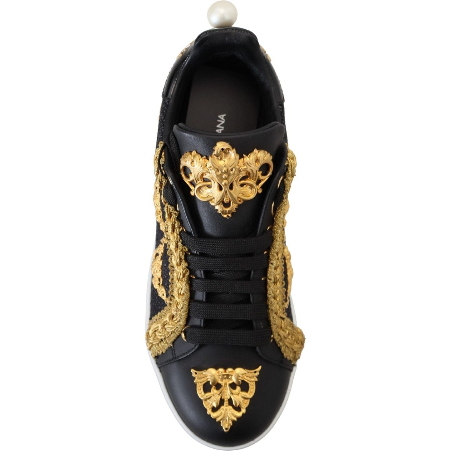 Dolce & Gabbana Black Gold Baroque Portofino Leather Sneakers Shoes LA10087- 36.5