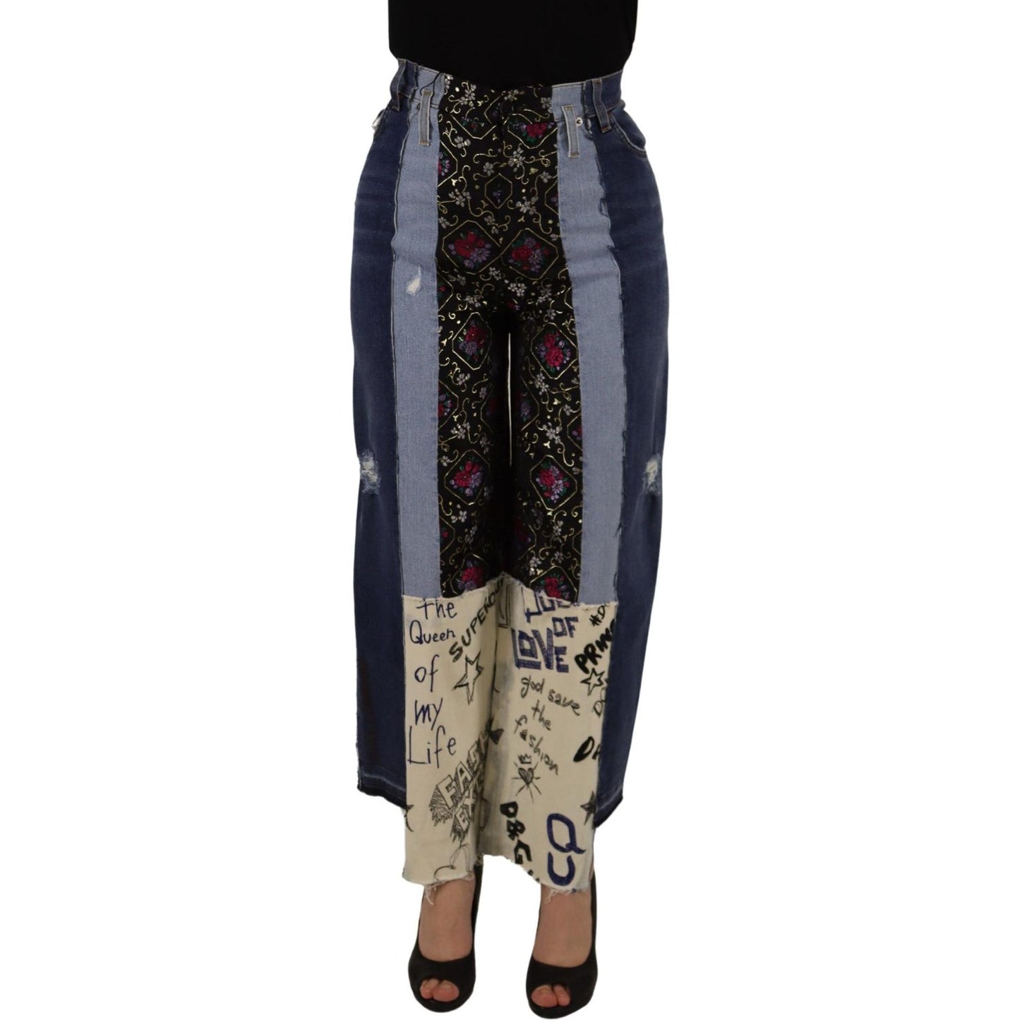 Dolce & Gabbana Multicolor Patchwork DG Fashion Wide Leg Denim Pant PAN73058 - 36