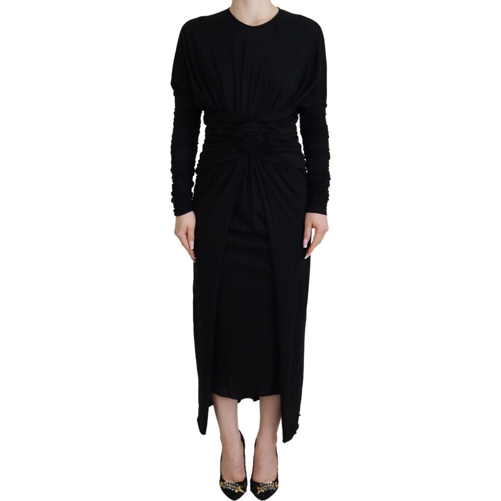 Dolce & Gabbana Black Sheath Midi Gown Wool Wrap Dress DR28808- 36
