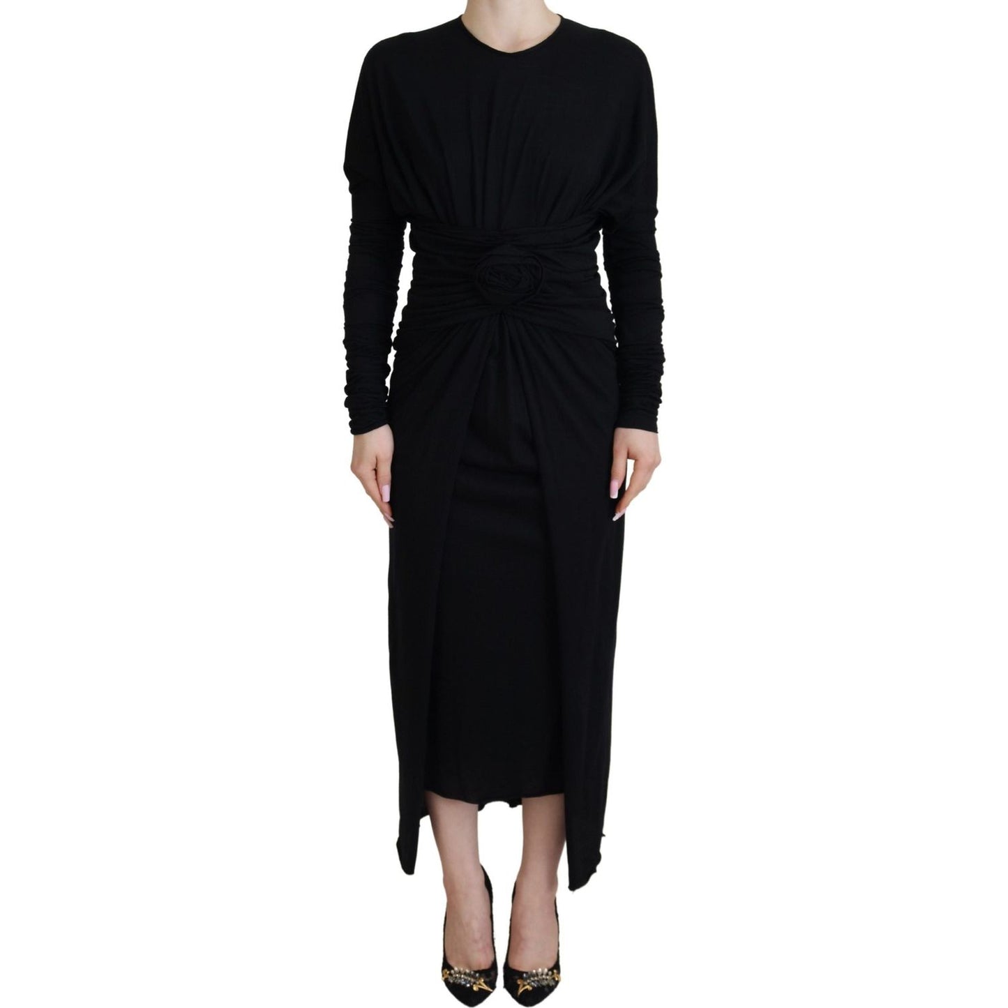 Dolce & Gabbana Black Sheath Midi Gown Wool Wrap Dress DR28808- 36