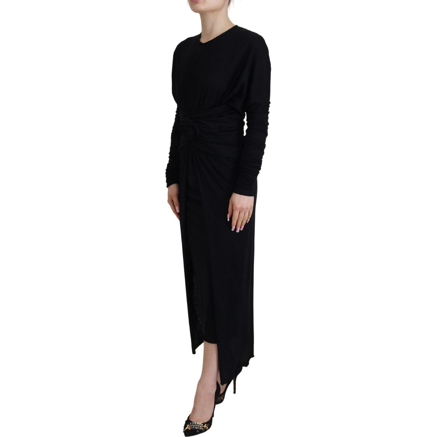 Dolce & Gabbana Black Sheath Midi Gown Wool Wrap Dress DR28808- 36
