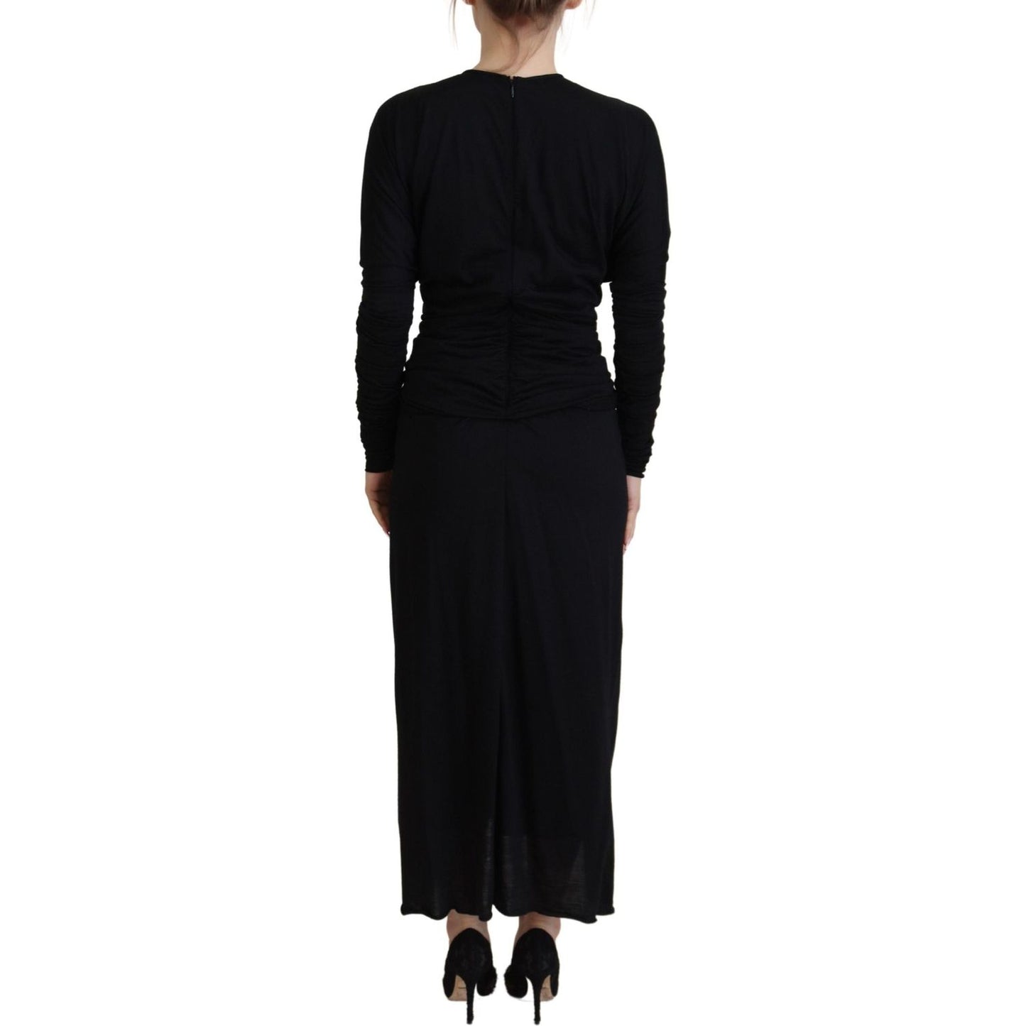 Dolce & Gabbana Black Sheath Midi Gown Wool Wrap Dress DR28808- 36