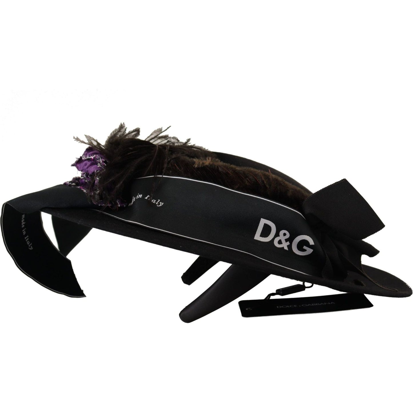 Dolce & Gabbana Black Lapil Crystal Heart Feather Brooch Fedora Hat HAT9279- 57