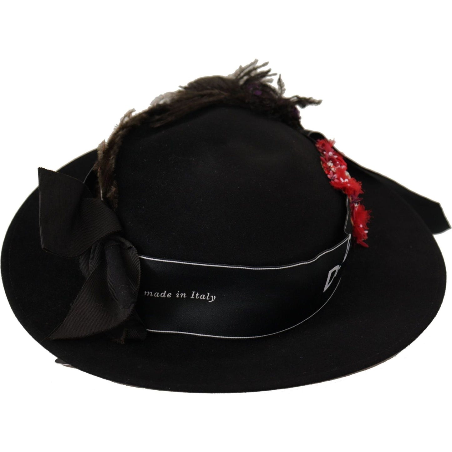 Dolce & Gabbana Black Lapil Crystal Heart Feather Brooch Fedora Hat HAT9279- 57