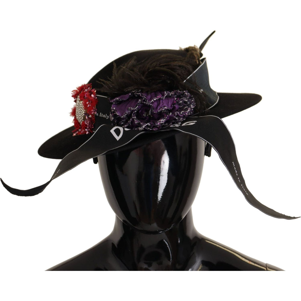 Dolce & Gabbana Black Lapil Crystal Heart Feather Brooch Fedora Hat HAT9279- 57