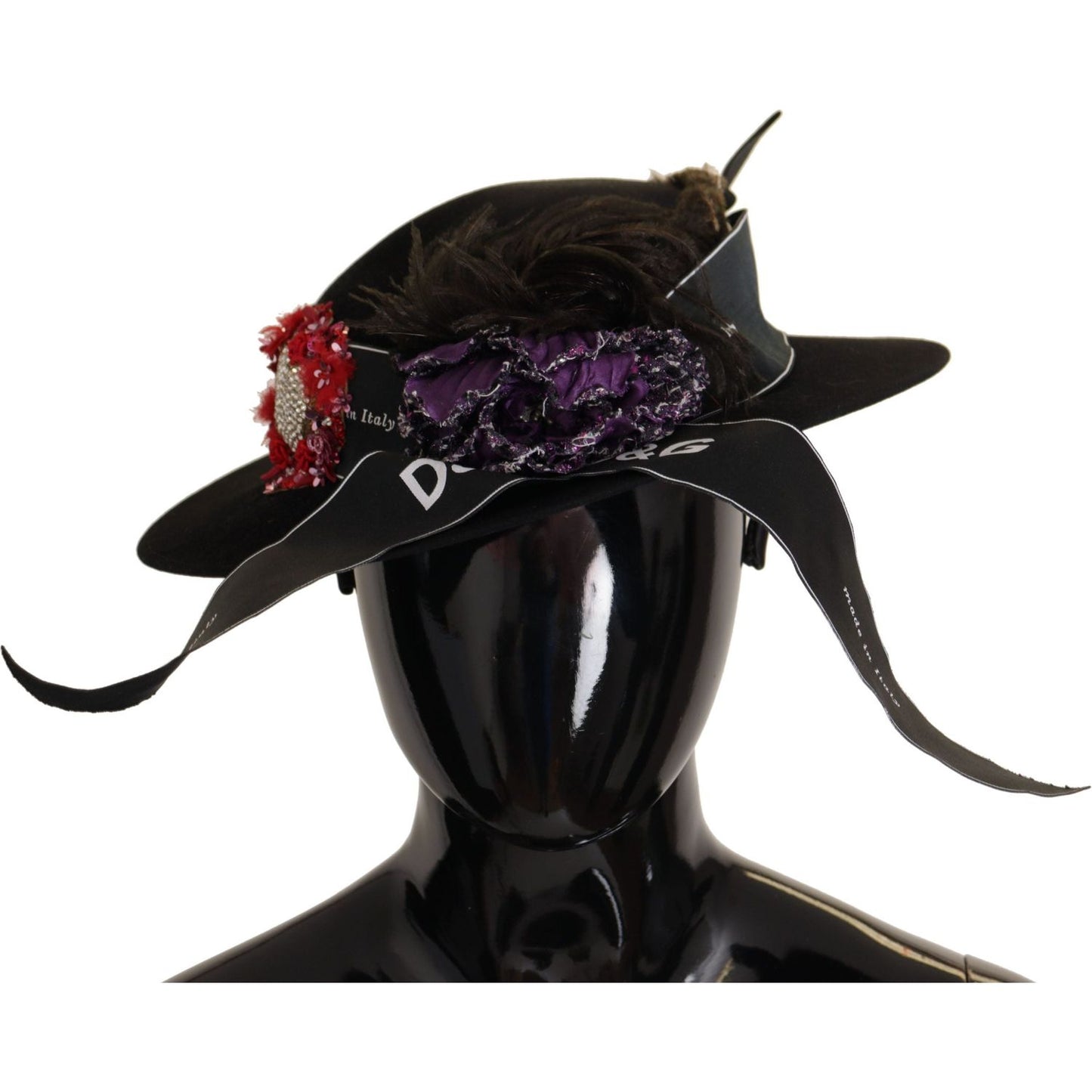 Dolce & Gabbana Black Lapil Crystal Heart Feather Brooch Fedora Hat HAT9279- 57