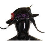 Dolce & Gabbana Black Lapil Crystal Heart Feather Brooch Fedora Hat HAT9279- 57