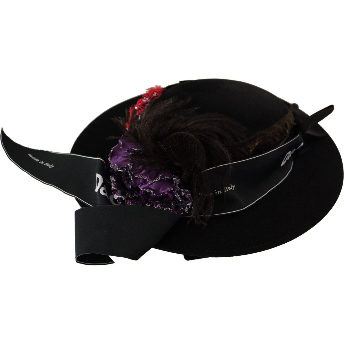 Dolce & Gabbana Black Lapil Crystal Heart Feather Brooch Fedora Hat HAT9279- 57