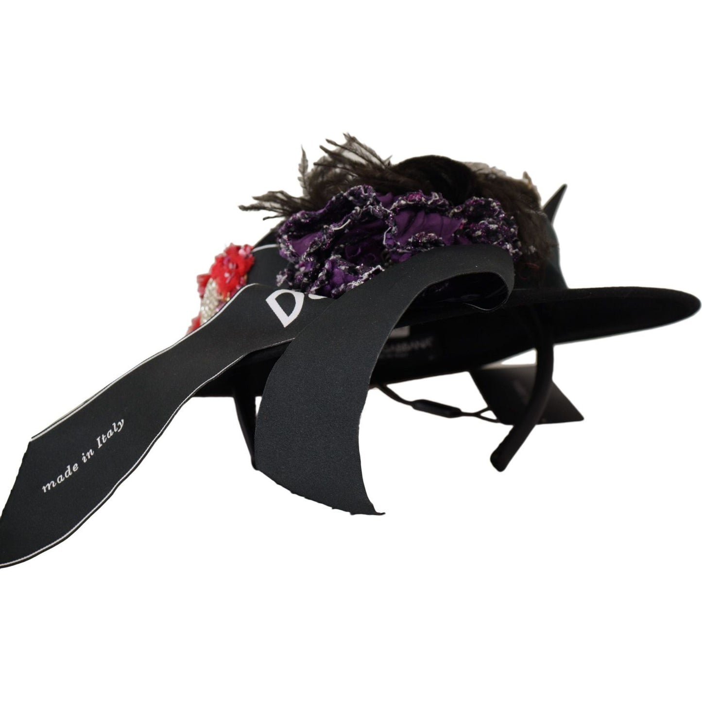 Dolce & Gabbana Black Lapil Crystal Heart Feather Brooch Fedora Hat HAT9279- 57