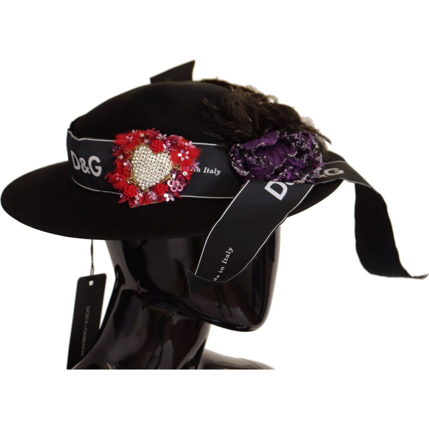 Dolce & Gabbana Black Lapil Crystal Heart Feather Brooch Fedora Hat HAT9279- 57